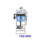 Crystal Quest 750 GPD whole house reverse osmosis system with blue filters and brass rotary pump.