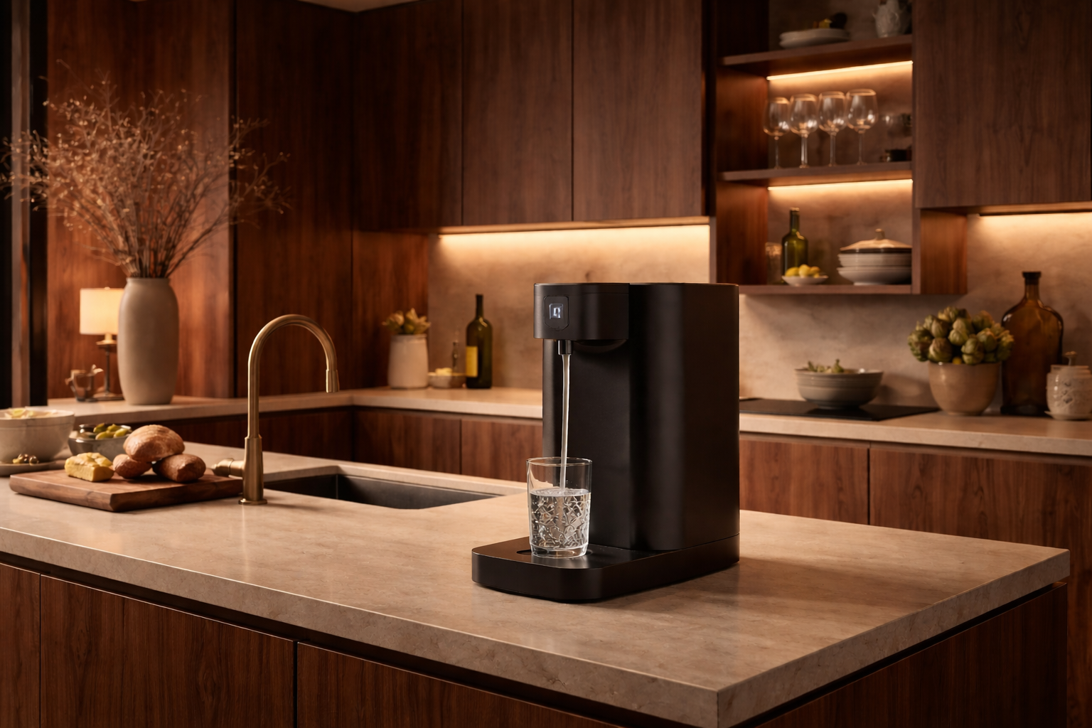 Black water machine on a kitchen counter with a glass of water.