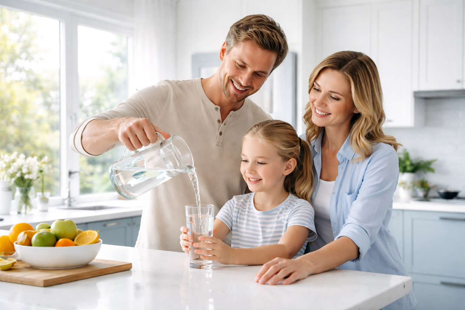 Family of three in a kitchen with a man pouring water into a glass, a woman, and a young girl.