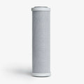Crystal Quest 5-Micron Carbon Block Filter Cartridge, 2-7/8” x 9-3/4”, with white end caps.