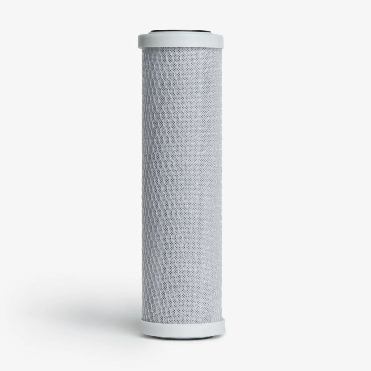 Crystal Quest 5-Micron Carbon Block Filter Cartridge, 2-7/8” x 9-3/4”, with white end caps.