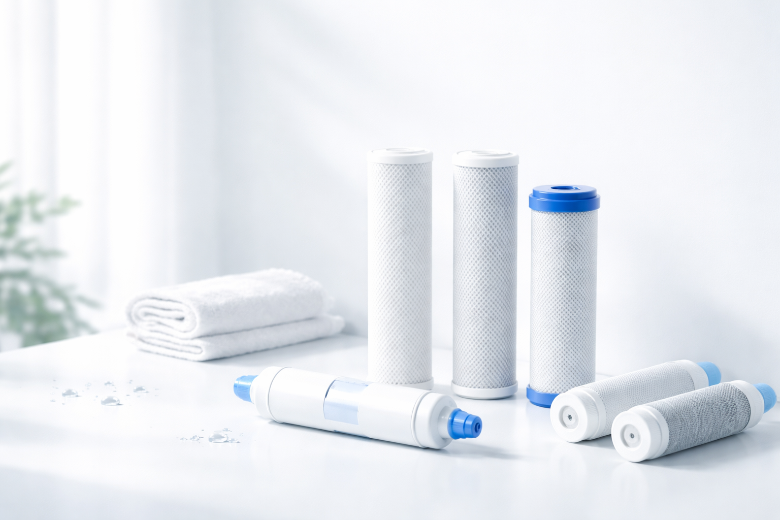 Set of water filter cartridges on a white background