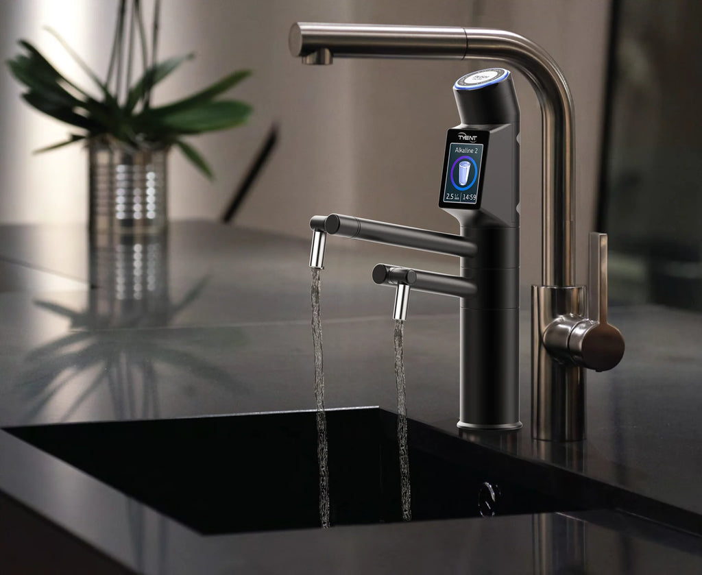 Tyent UCE-13 PLUS Matte Black built-in water ionizer faucet dispensing water in modern kitchen