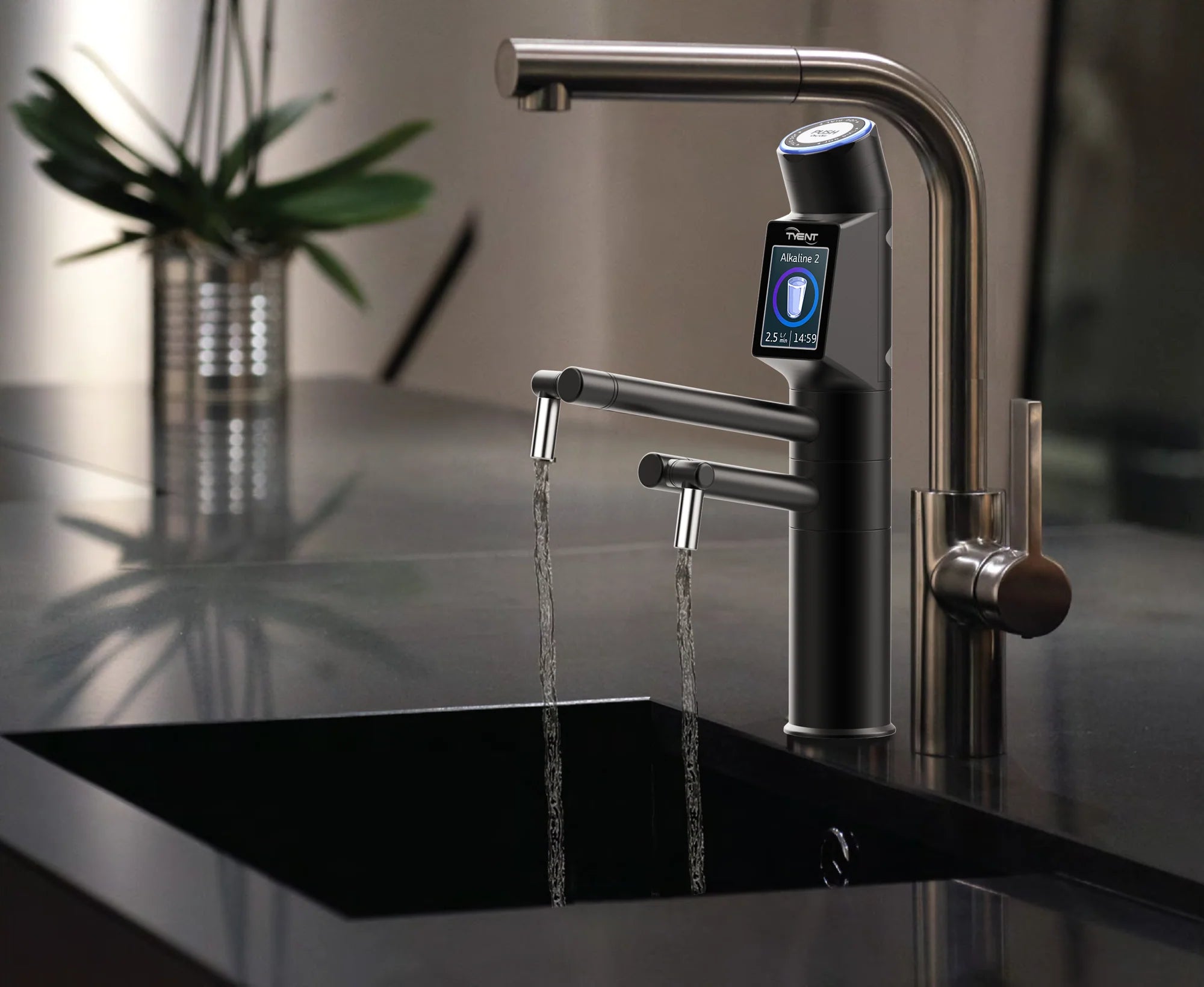 Tyent UCE-13 PLUS Matte Black built-in water ionizer faucet dispensing water in modern kitchen
