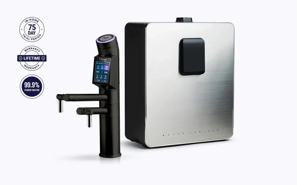 Tyent UCE-13 PLUS Matte Black built-in water ionizer with under-counter unit and warranty badges