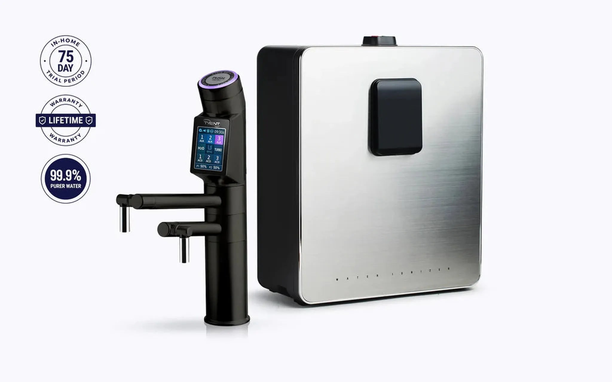 Tyent UCE-13 PLUS Matte Black built-in water ionizer with under-counter unit and warranty badges
