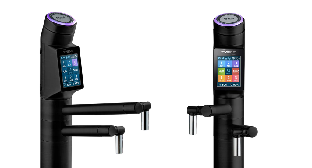 Tyent UCE-13 PLUS Matte Black water ionizer faucet with light and dark touchscreen display options