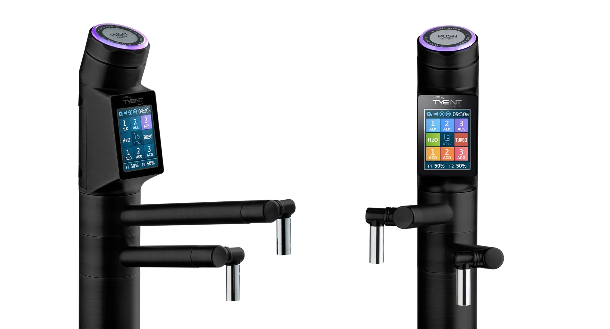 Tyent UCE-13 PLUS Matte Black water ionizer faucet with light and dark touchscreen display options