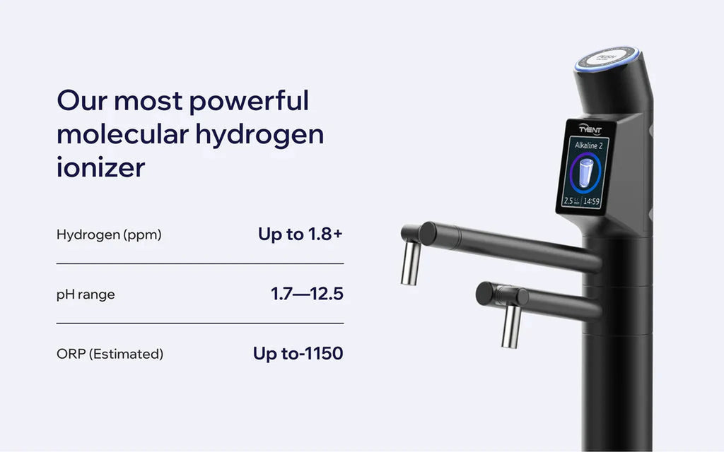 Tyent UCE-13 PLUS Matte Black molecular hydrogen water ionizer with pH range and ORP specs