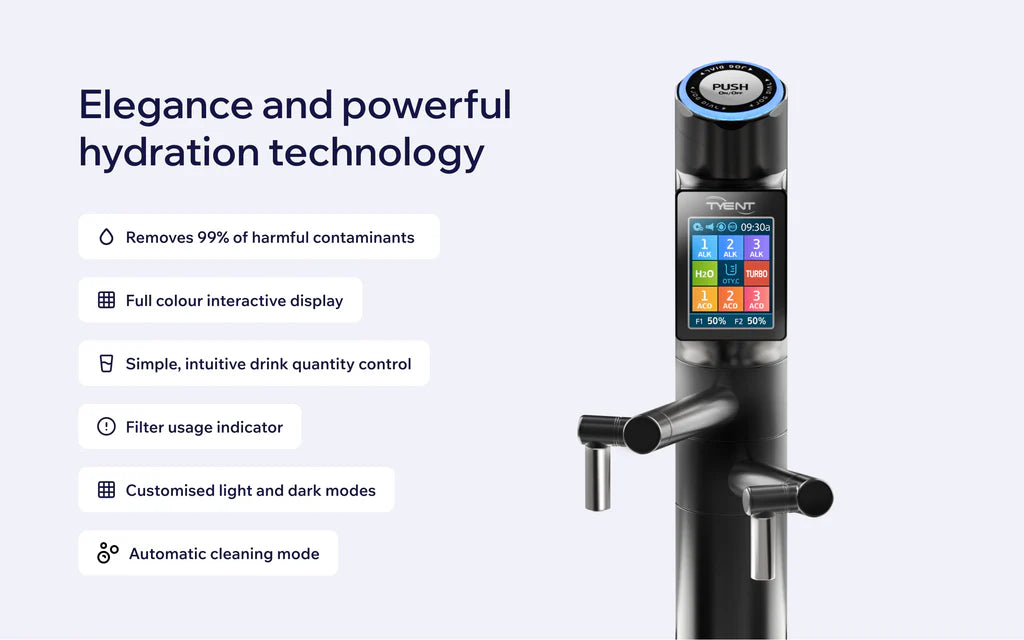 Tyent UCE-13 PLUS Matte Black water ionizer with interactive display, filter indicator and cleaning mode