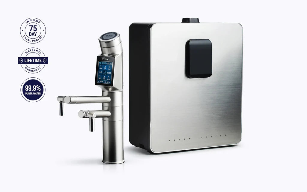 Tyent UCE Satin Silver built-in water ionizer with touchscreen faucet and under-counter unit for hydrogen-rich alkaline water