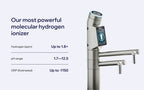 Tyent UCE Satin Silver molecular hydrogen water ionizer showing 1.8+ ppm hydrogen, 1.7-12.5 pH range and -1150 ORP