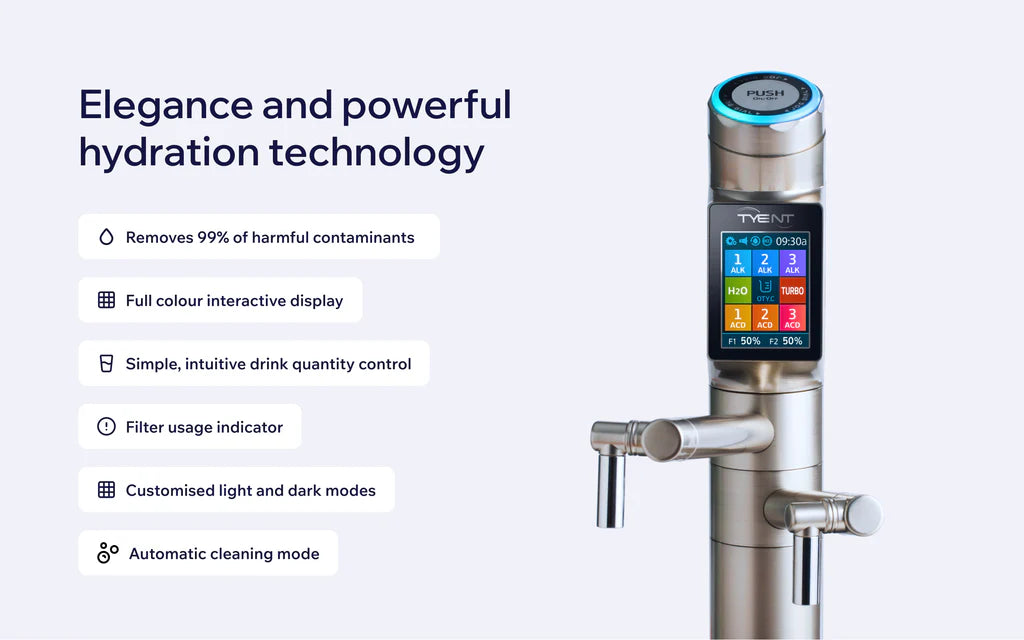 Tyent UCE Satin Silver water ionizer faucet with color touchscreen display, filter usage indicator and automatic cleaning mode features