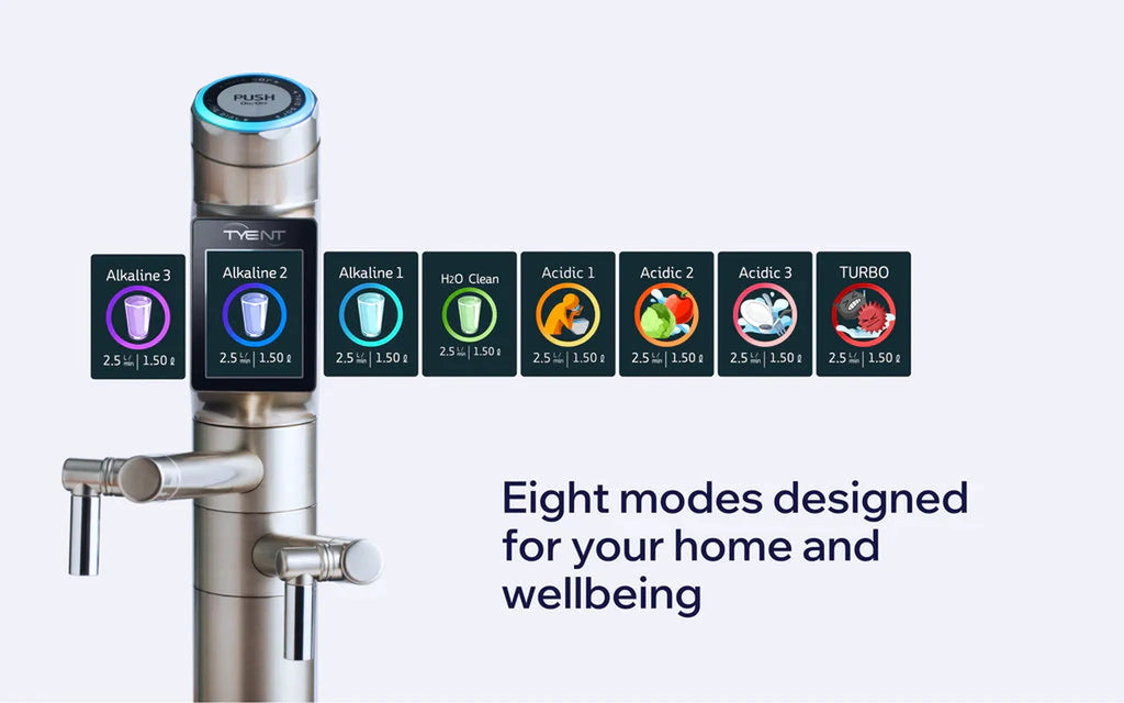 Tyent UCE Satin Silver water ionizer touchscreen showing alkaline, H2O clean, acidic and turbo water modes for home use