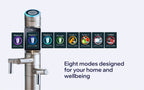Tyent UCE Satin Silver water ionizer touchscreen showing alkaline, H2O clean, acidic and turbo water modes for home use
