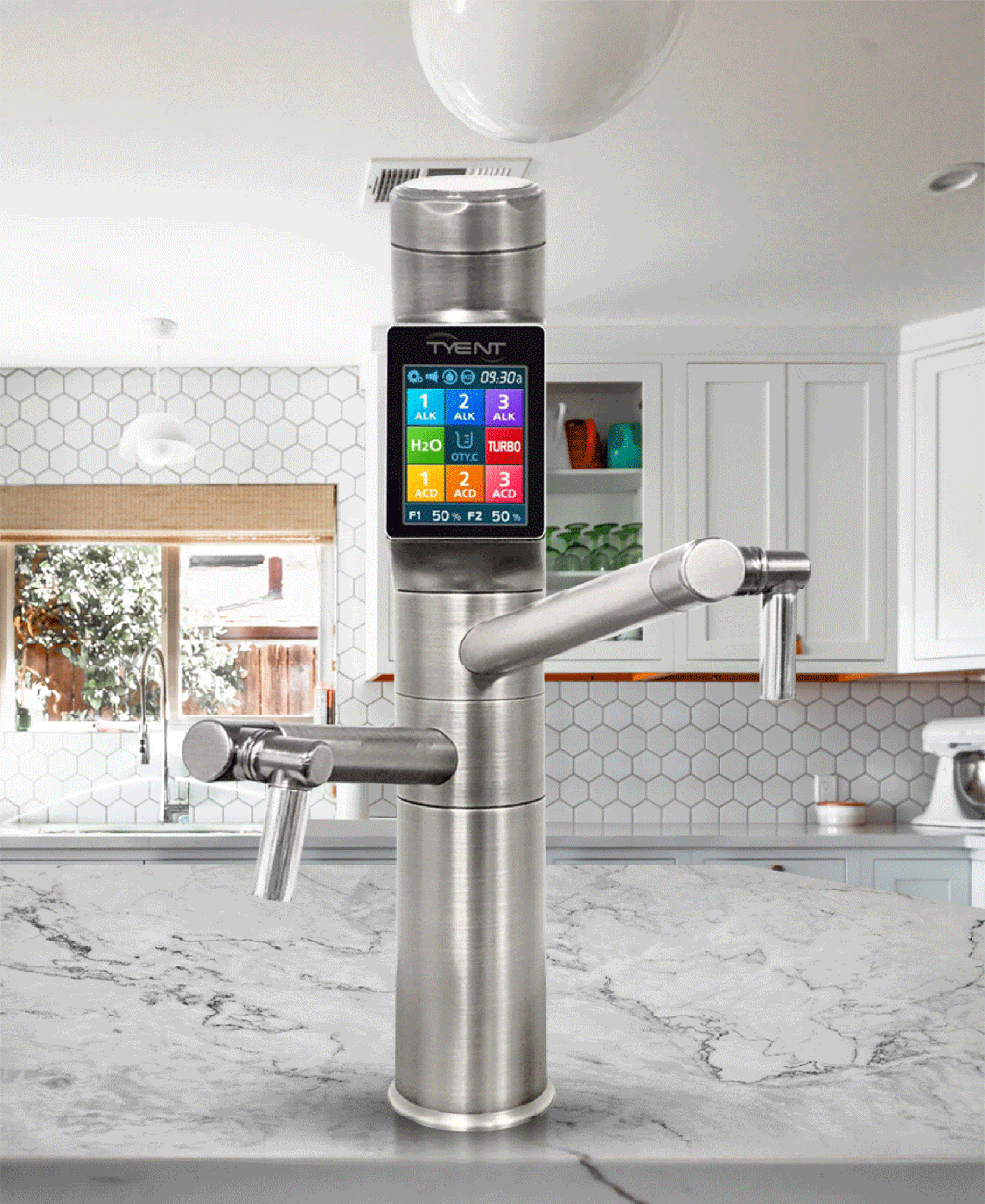 Tyent UCE-13 Plus Satin Silver built-in water ionizer faucet on kitchen countertop