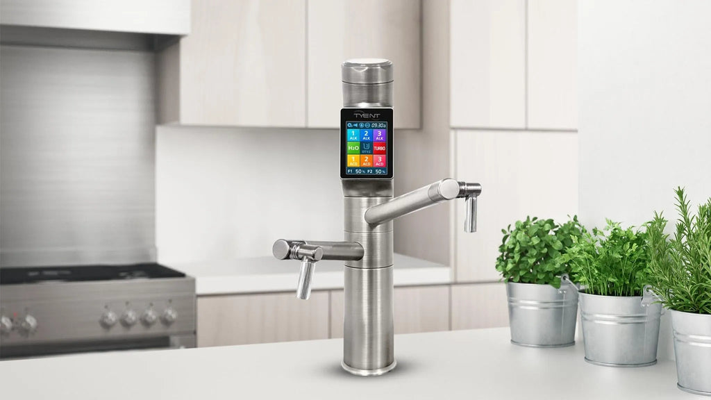 Tyent UCE-13 Plus Satin Silver water ionizer faucet installed in a modern kitchen