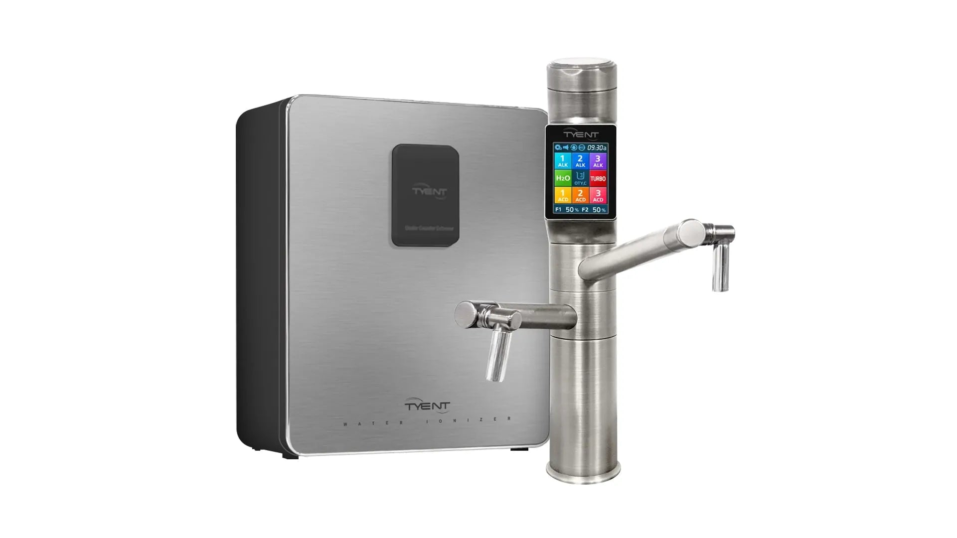 Tyent UCE-13 Plus Satin Silver built-in water ionizer with touchscreen faucet and under-counter unit