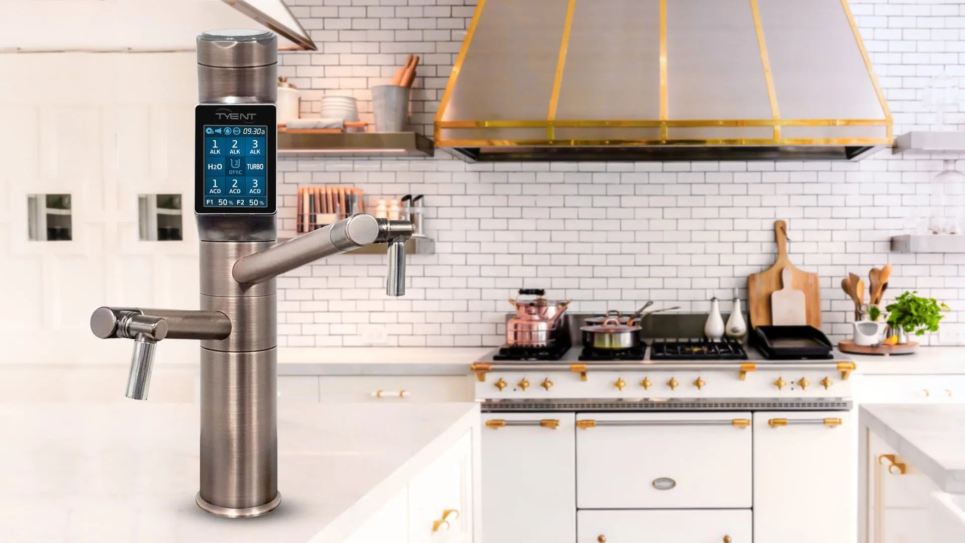 Tyent UCE-13 Plus Antique touchscreen faucet installed on a premium kitchen countertop