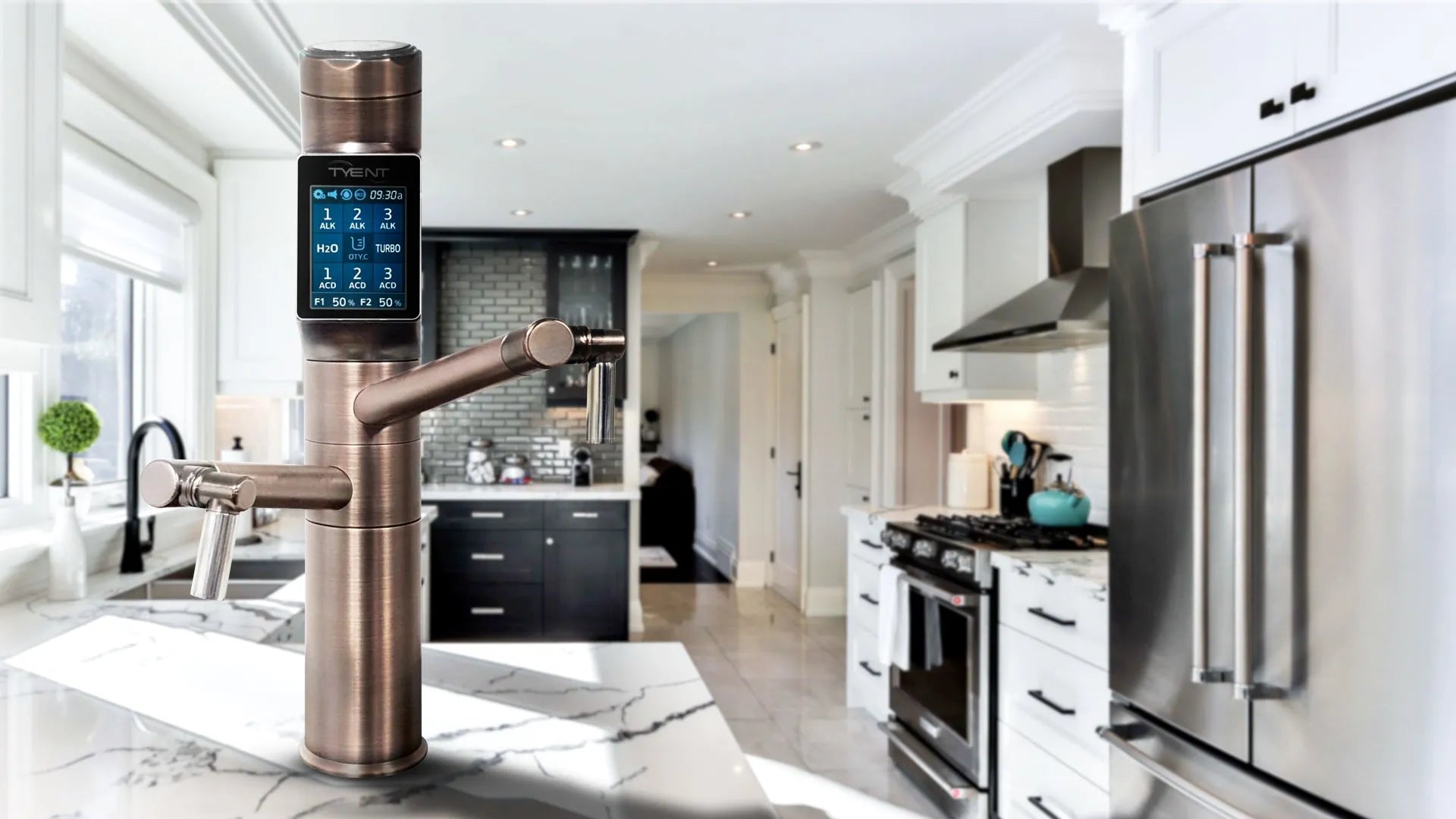 Tyent UCE-13 Plus Antique built-in water ionizer faucet in a modern residential kitchen