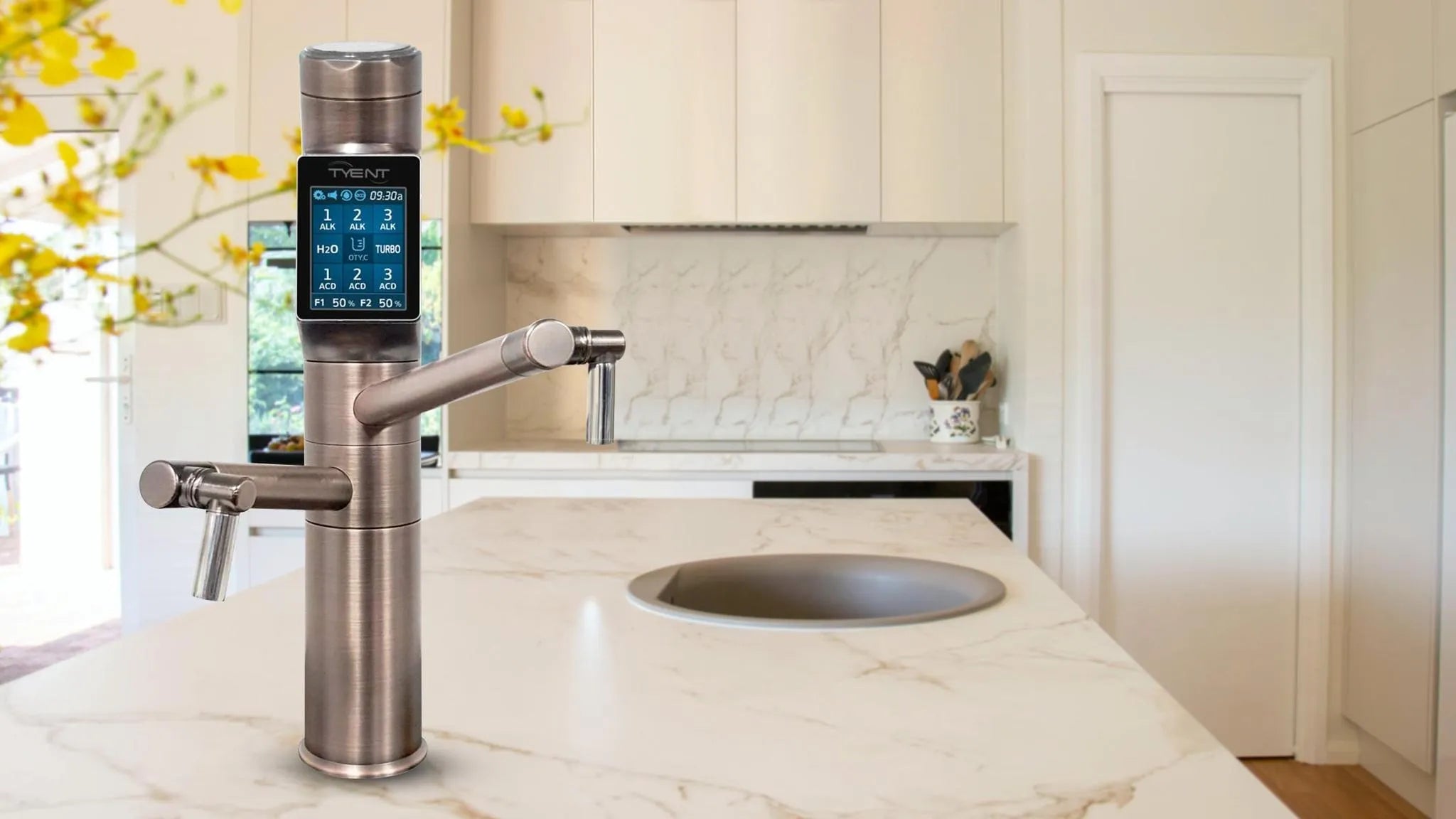 Tyent UCE-13 Plus Antique water ionizer faucet installed beside a kitchen sink