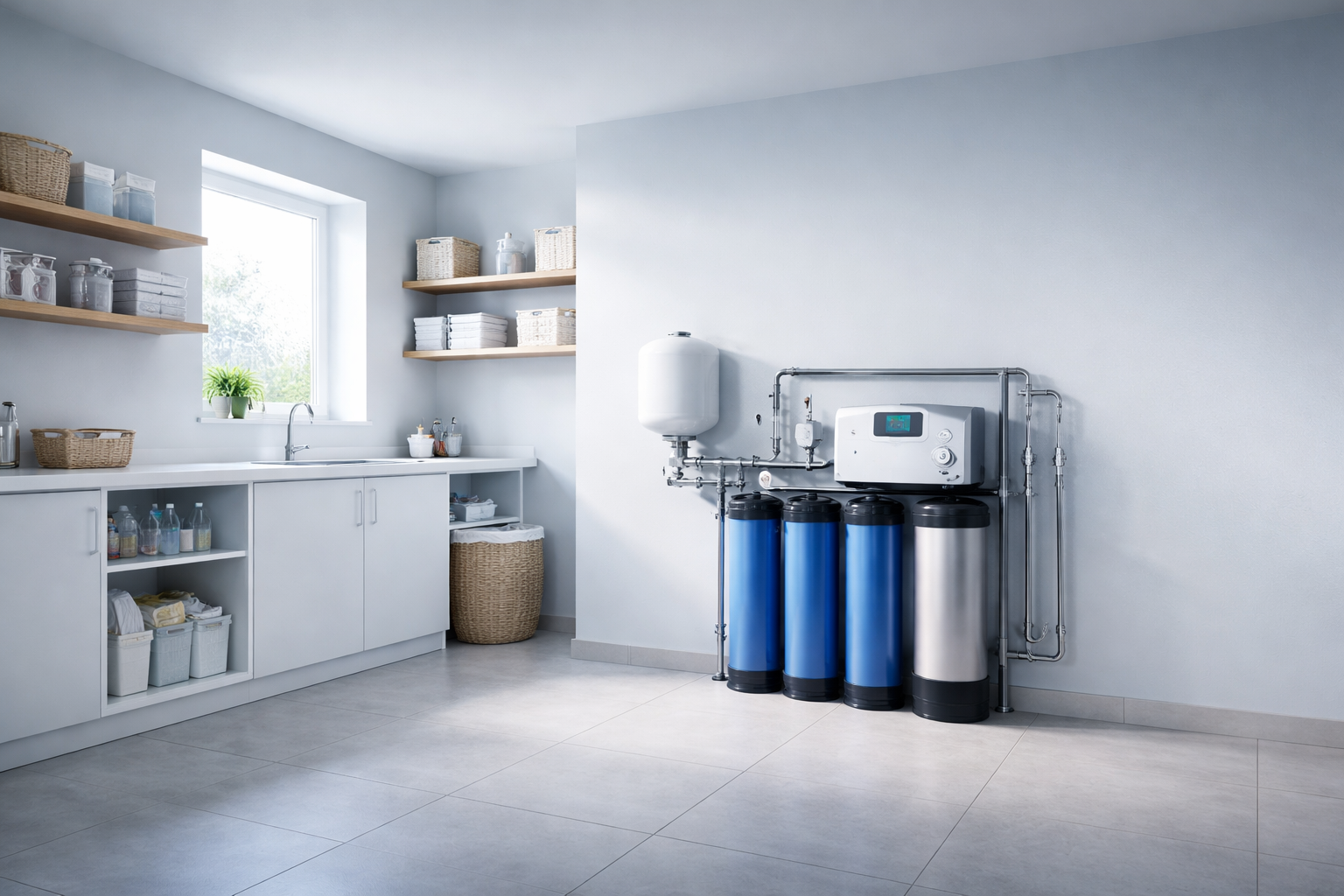 Modern kitchen with a water filtration system on the floor.