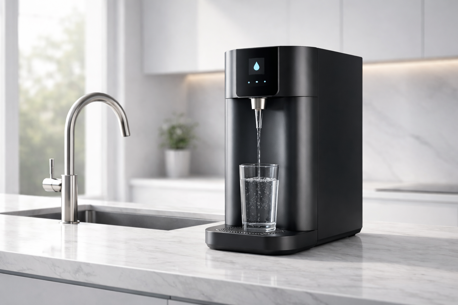 Black water dispenser on a kitchen counter with water flowing into a glass.