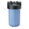Big Blue whole house water filter housing with blue sump, black cap, inlet and outlet ports, and red pressure-release button