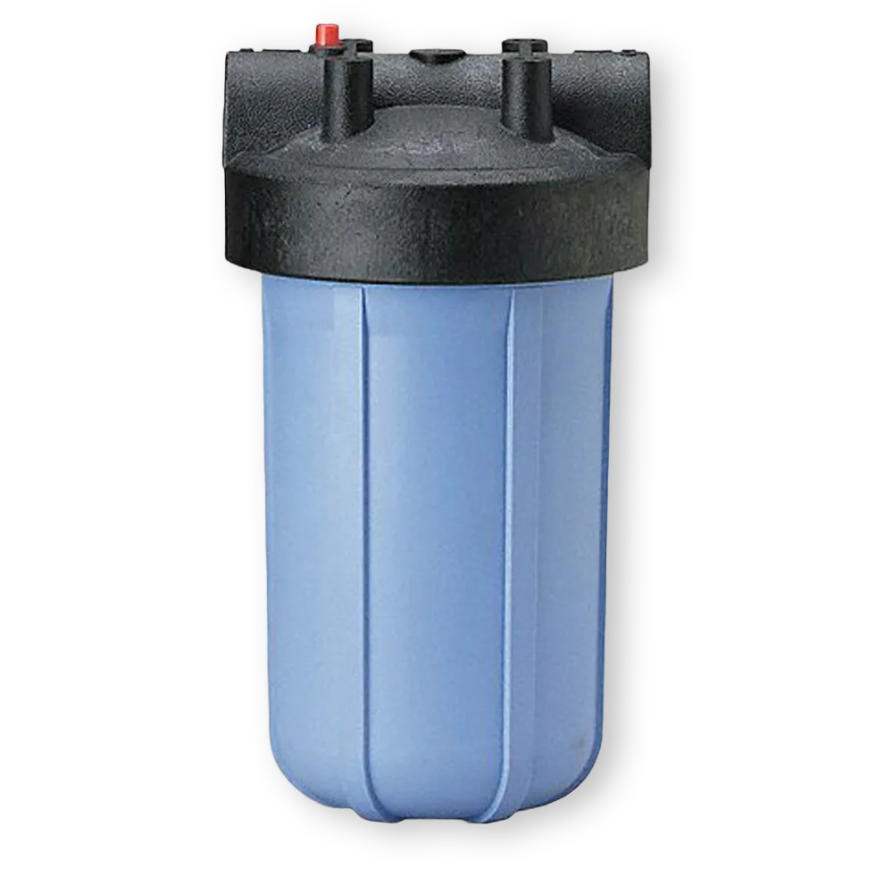 Big Blue whole house water filter housing with blue sump, black cap, inlet and outlet ports, and red pressure-release