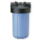 Big Blue whole house water filter housing with blue sump, black cap, inlet and outlet ports, and red pressure-release