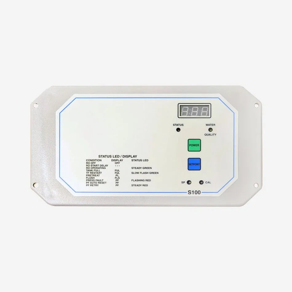 Crystal Quest C-100 RO system control panel with digital display, status LEDs, and power/setpoint buttons.