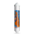 Inline water ionizer filter cartridge labeled for chlorine taste and odor reduction with quick-connect ends