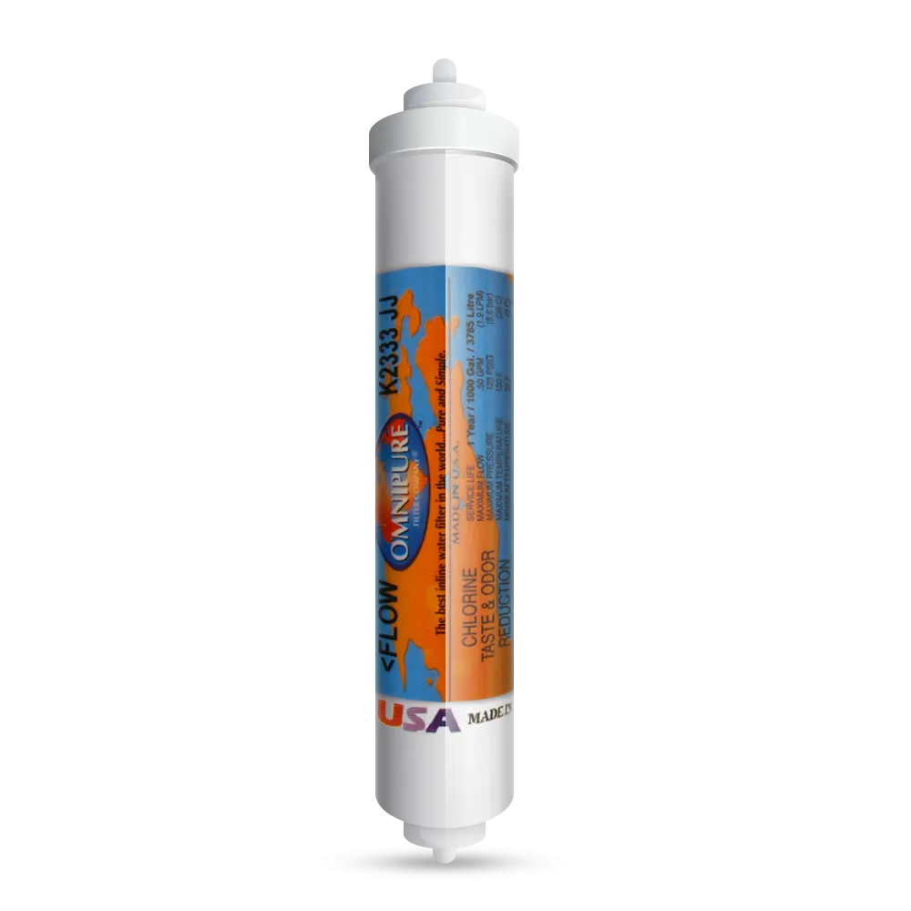 Inline water ionizer filter cartridge labeled for chlorine taste and odor reduction with quick-connect ends