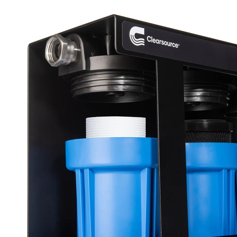 Close-up of the Clearsource Ultra Mini RV water filter system showing an exposed cartridge, open housing, and inlet fitting.