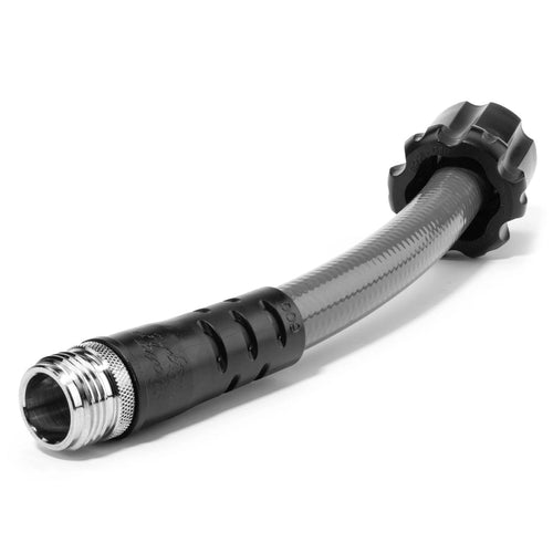 Reverse view of the Clearsource RV Wet Bay Adapter showing its threaded fitting, flexible hose and quick-connection grip