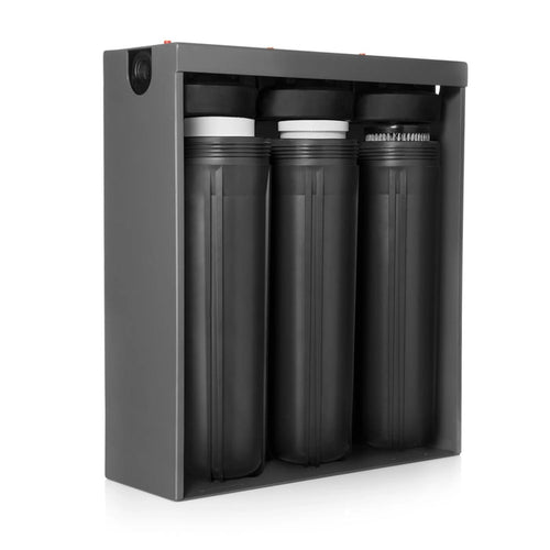 Clearsource Whole Home Water Filtration System with its front cover removed, showing three heavy-duty black filter housings.