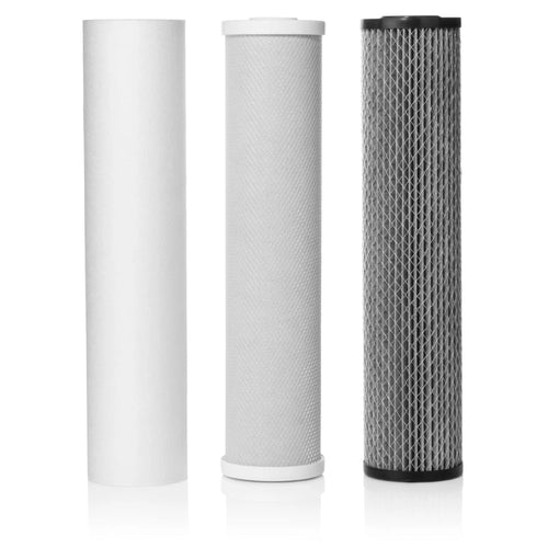 Three filters included with the Clearsource Whole Home Water Filtration System: 5-micron, 0.5-micron carbon block and VirusGuard cartridges.