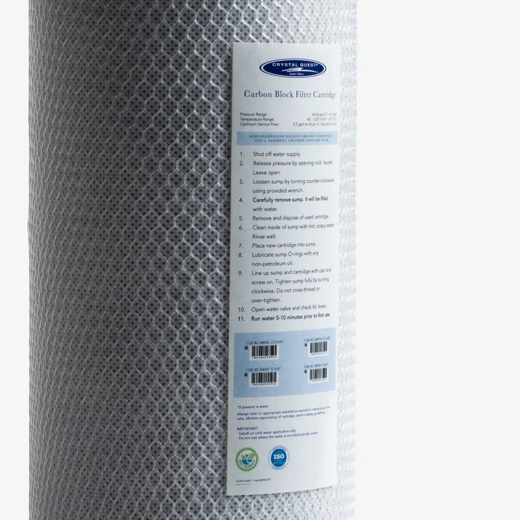 Crystal Quest 5-Micron Carbon Block Filter Cartridge, white, with detailed label.