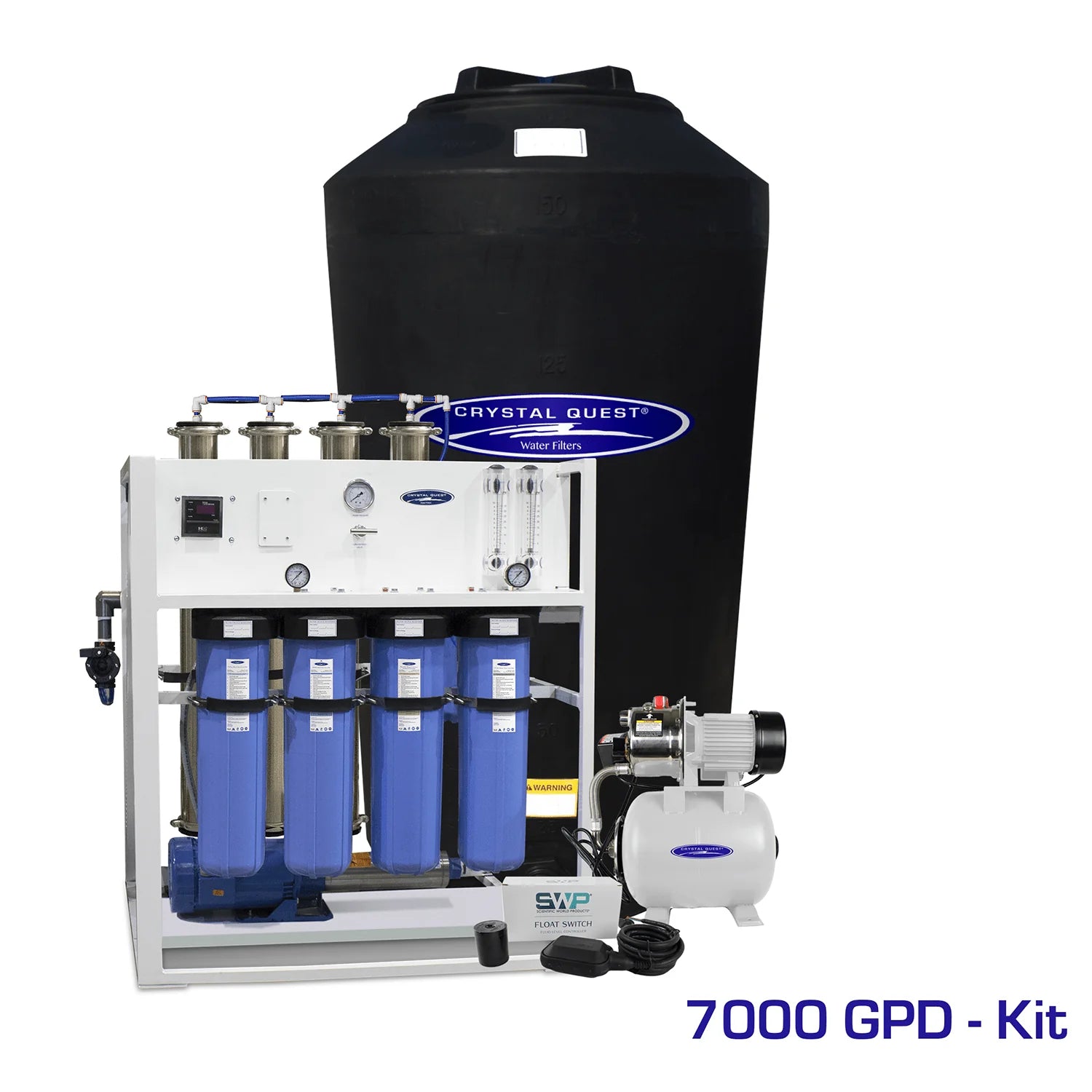 Crystal Quest 7000 GPD commercial RO system with white frame, blue filters, black storage tank, and horizontal pump.