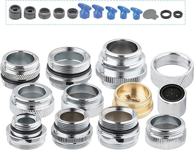 Faucet adapter kit with chrome threaded connectors, aerator adapters, gaskets, and blue tool pieces for countertop water filter or water ionizer installation