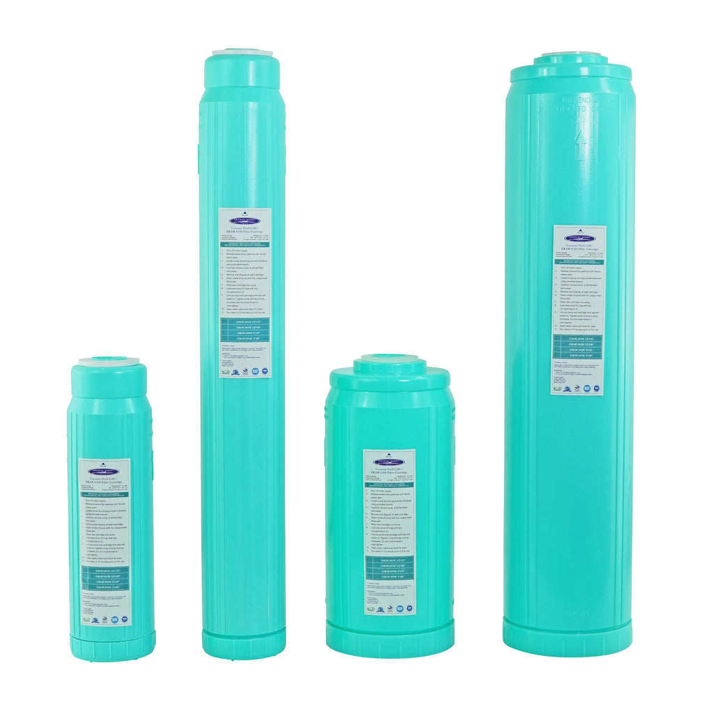 Crystal Quest coconut shell GAC filter cartridges in various sizes, featuring a vibrant teal design.
