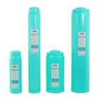 Crystal Quest coconut shell GAC filter cartridges in various sizes, featuring a vibrant teal design.
