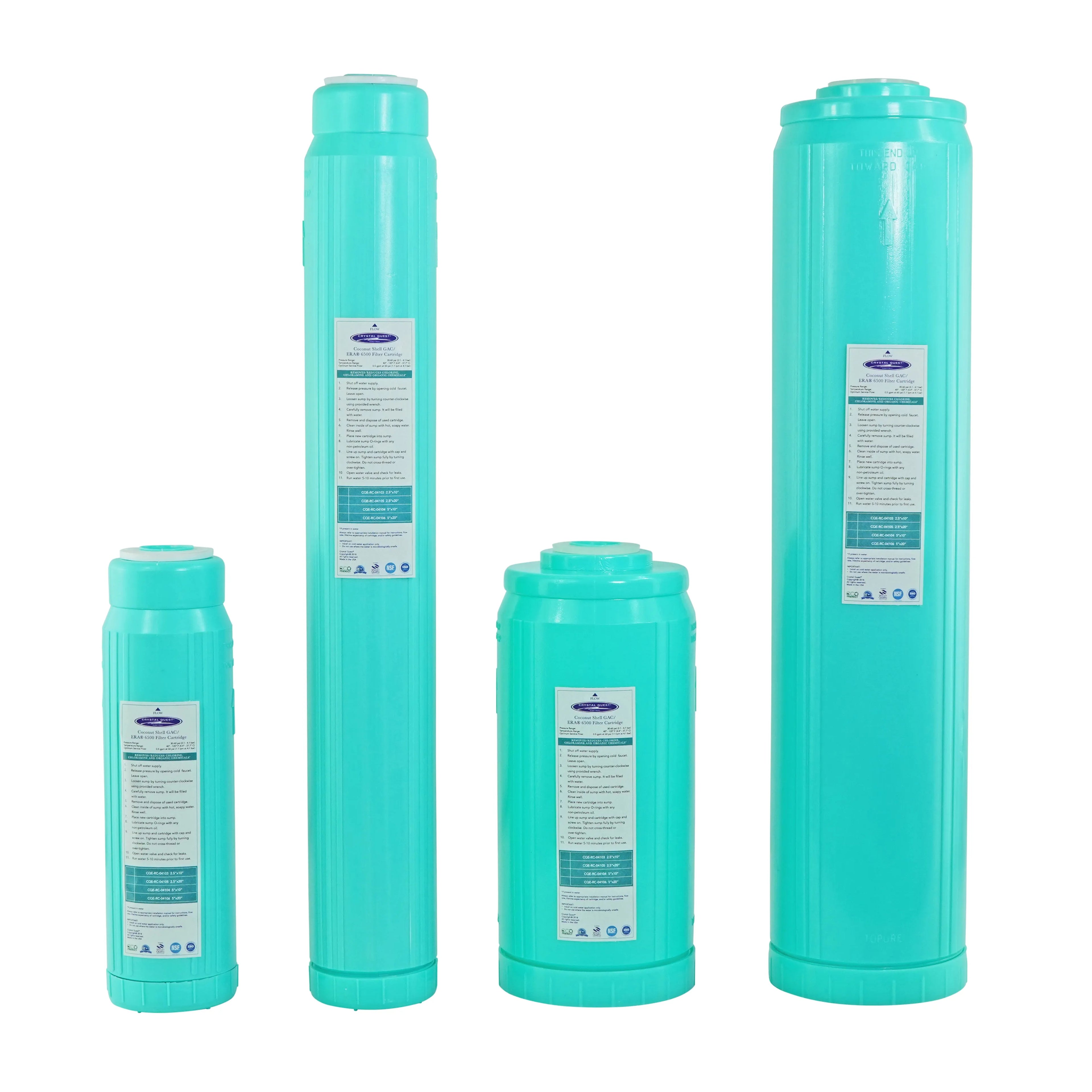 Crystal Quest coconut shell GAC filter cartridges in various sizes, featuring a vibrant teal design.