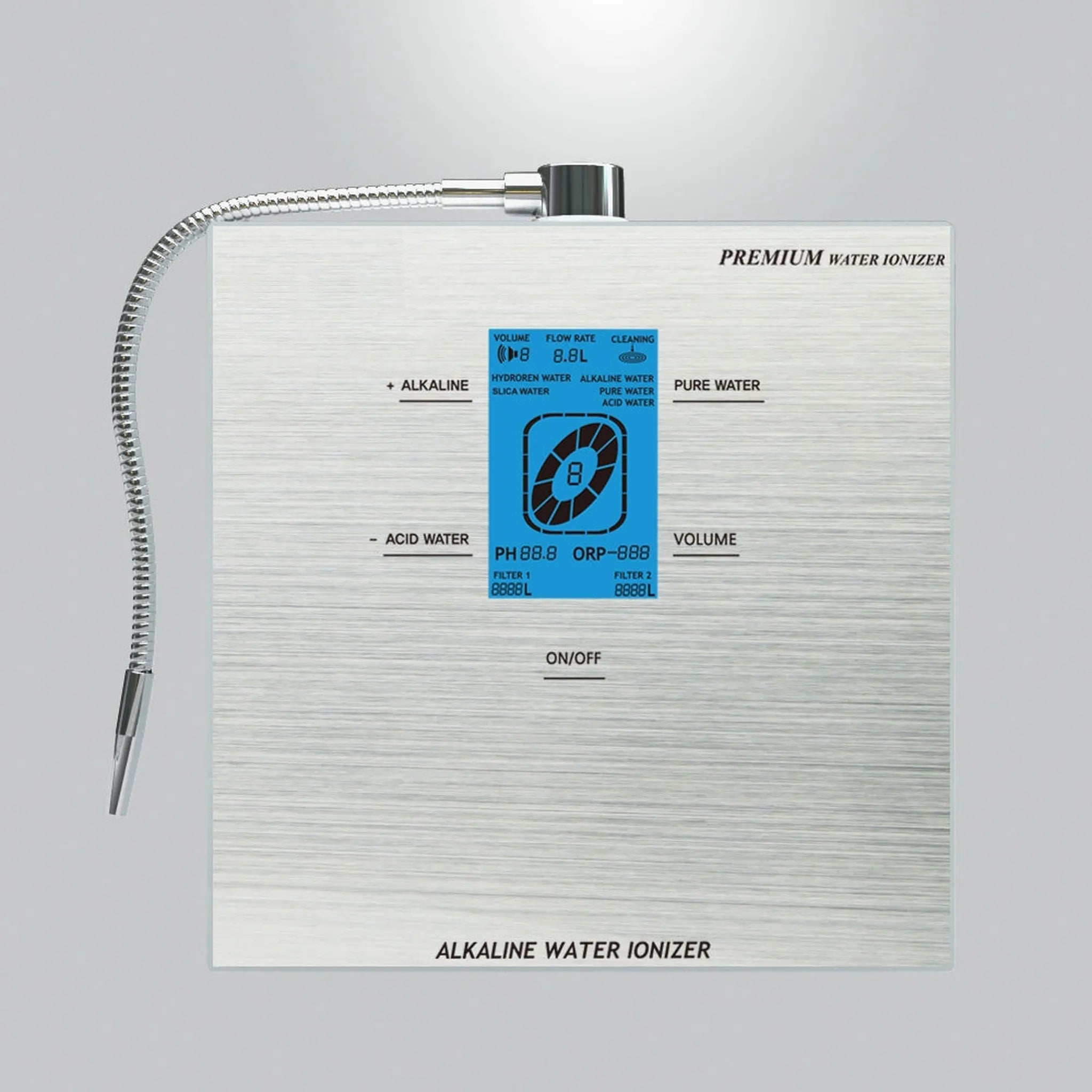 Water For life Front view of the Genesis Steel countertop alkaline water ionizer with digital display and flexible water-dispensing hose.