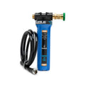 Front view of the Guzzle H2O Eddy inline RV water filter with blue housing, brass fittings and included 5-foot inlet hose.