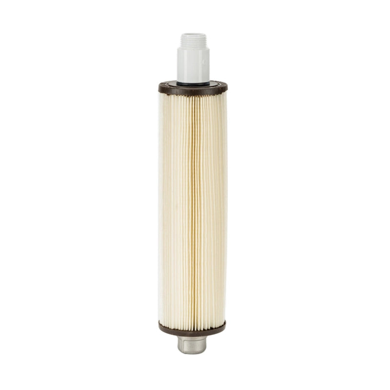 Guzzle H2O Guide Prefilter with reusable 0.35-micron pleated sediment filter and threaded hose connections on a white background.