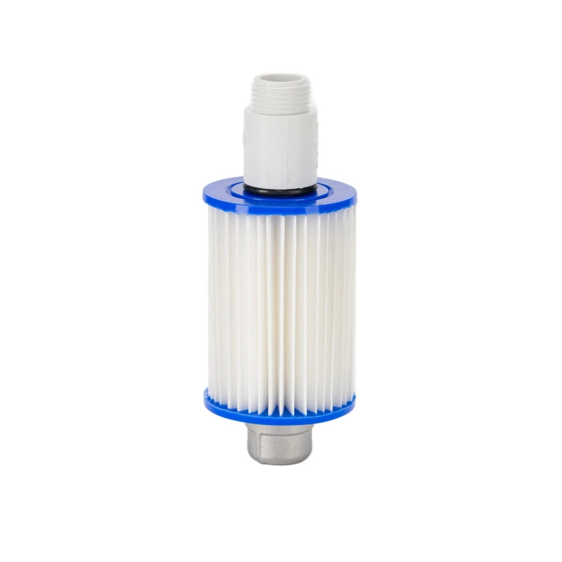 Guzzle H2O Scout 1-micron sediment prefilter with a pleated filter cartridge and threaded hose fittings.