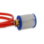 Guzzle H2O Scout 1-micron sediment prefilter connected to the red inlet hose for a Stream portable water system.