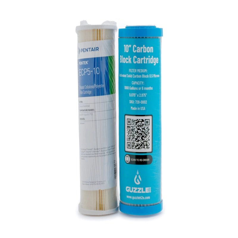 Guzzle H2O Stealth 2x10 replacement cartridge set with 5-micron sediment prefilter and 0.5-micron activated carbon block filter.