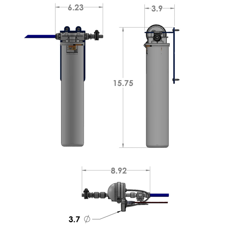 Guzzle H2O Stealth Flex Twist installation diagram showing 15.75-inch height, 3.9-inch depth and 6.23-inch width.